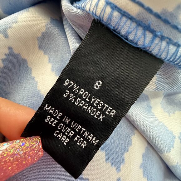 ALYX Sheath Dress Geometric Blue & White Sleeveless Boat Neck Size 8 Work Office - Picture 4 of 14